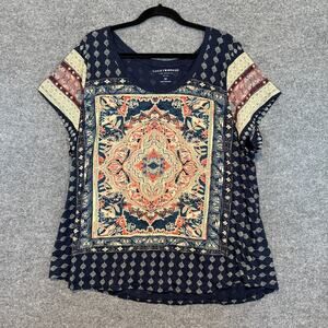 Lucky Brand TShirt Womens 3X XXXL Blue Persian Boho All Over Print Plus Size